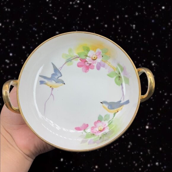 Hand Painted Nippon Fine Porcelain Dish Bowl Flower Bird Two Handled Vintage - Picture 4 of 14